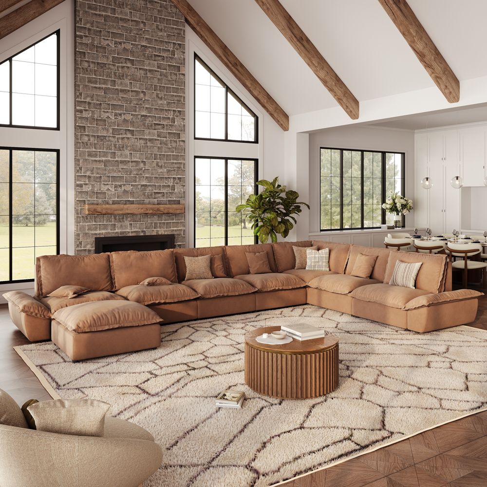 Seats 6 Brown Suede Fabric Modular Sofas