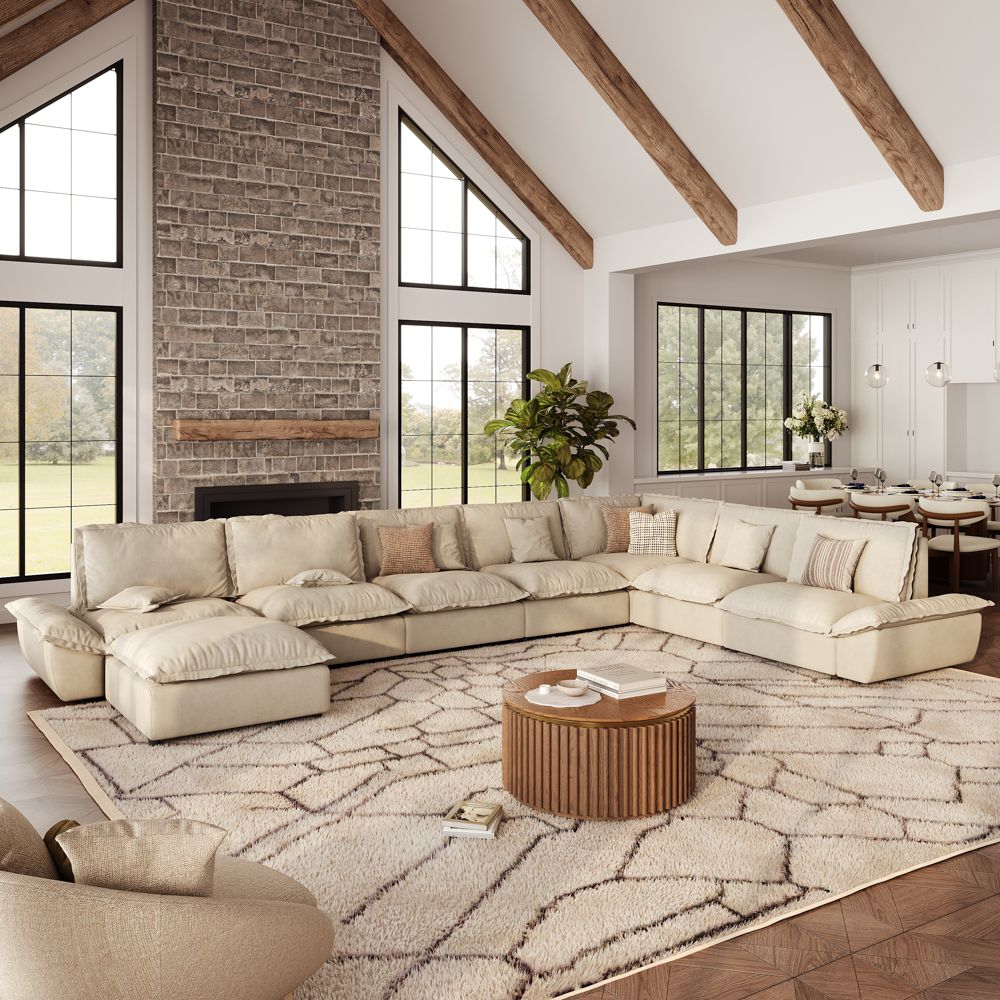 Beige Beige Suede Fabric Modular Sofas