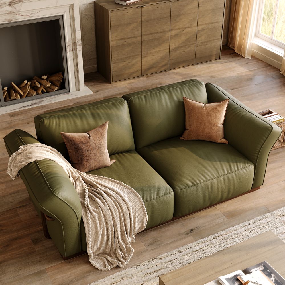 Mid Century Modern Green Genuine Leather Modular Sofas