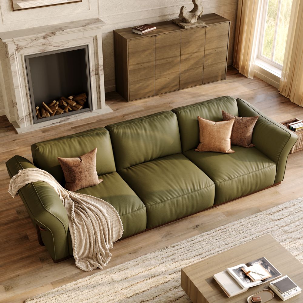 Mid Century Modern Green Genuine Leather Modular Sofas