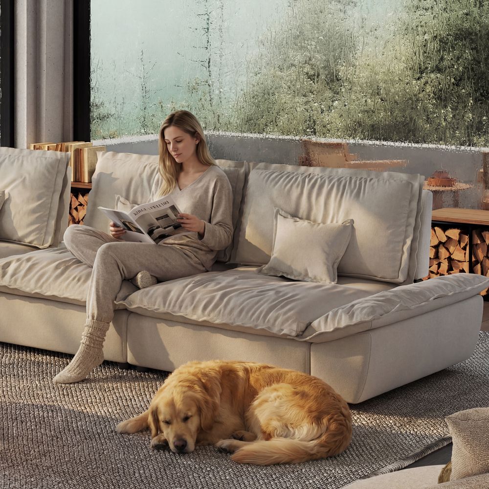 Relaxed Beige Suede Fabric Modular Sofas