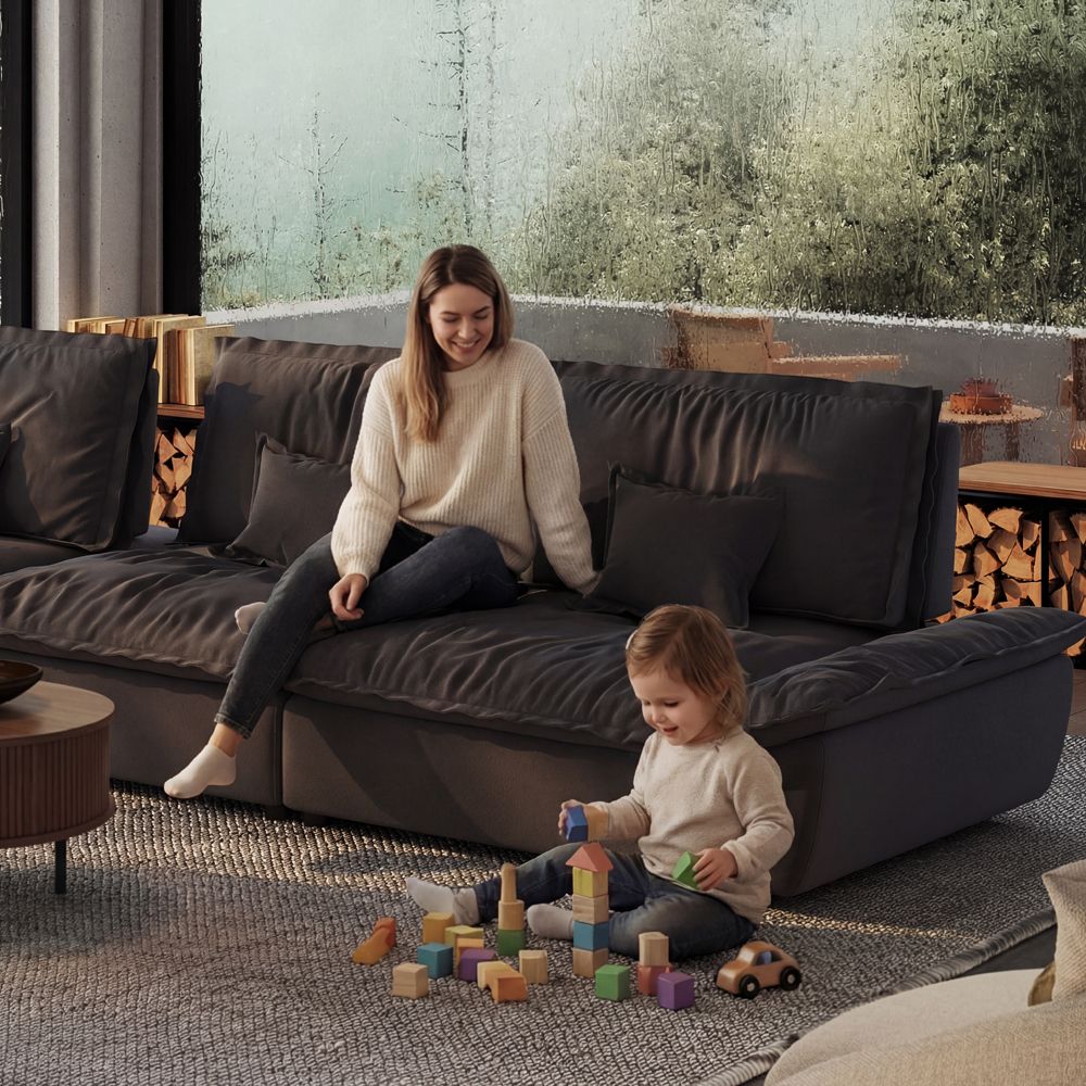 Extra Deep Seat Gray Suede Fabric Modular Sofas