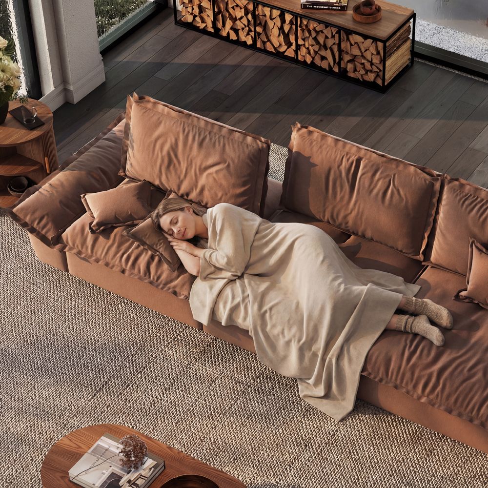 Living Room Brown Suede Fabric Modular Sofas