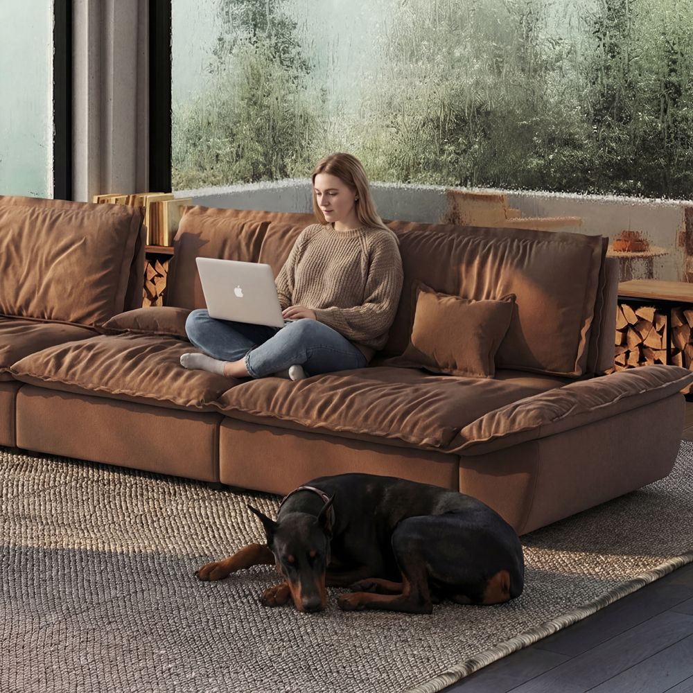 Deep Seat Brown Suede Fabric Modular Sofas