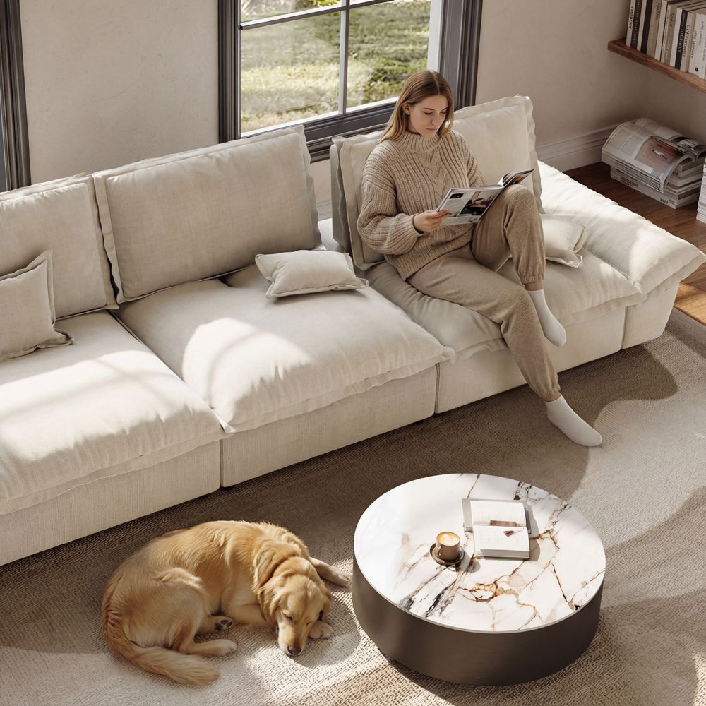 Pillow Armrest Beige Cotton and Linen Modular Sofas