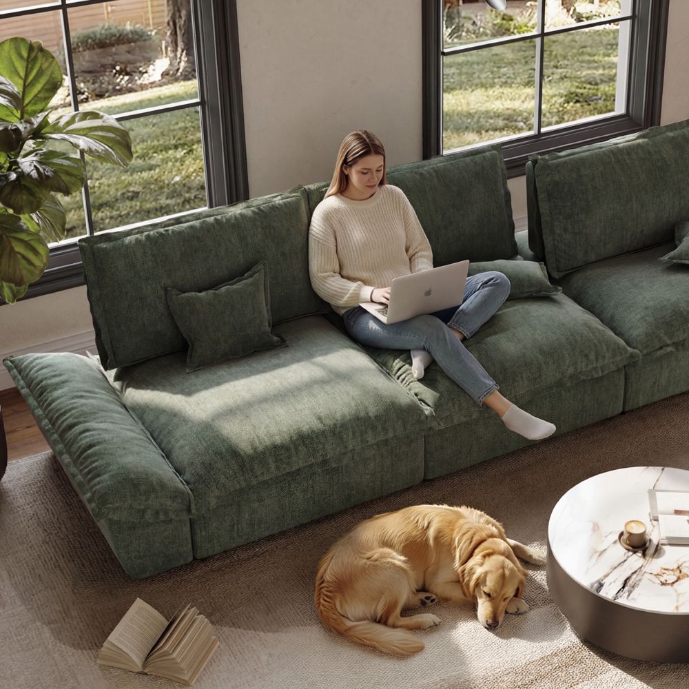 Very Relaxed Green Cotton and Linen Modular Sofas