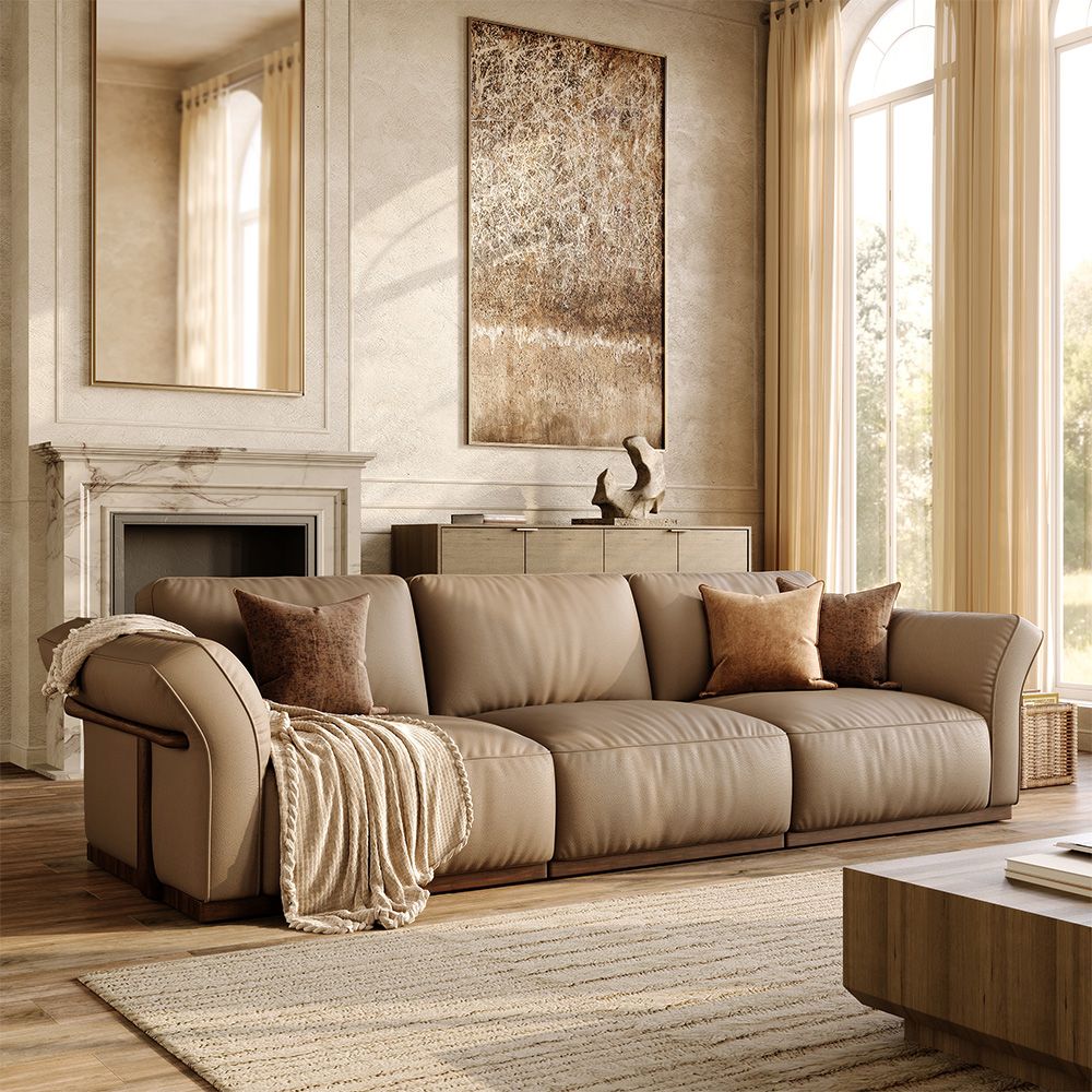 Mid Century Modern Khaki Genuine Leather Modular Sofas