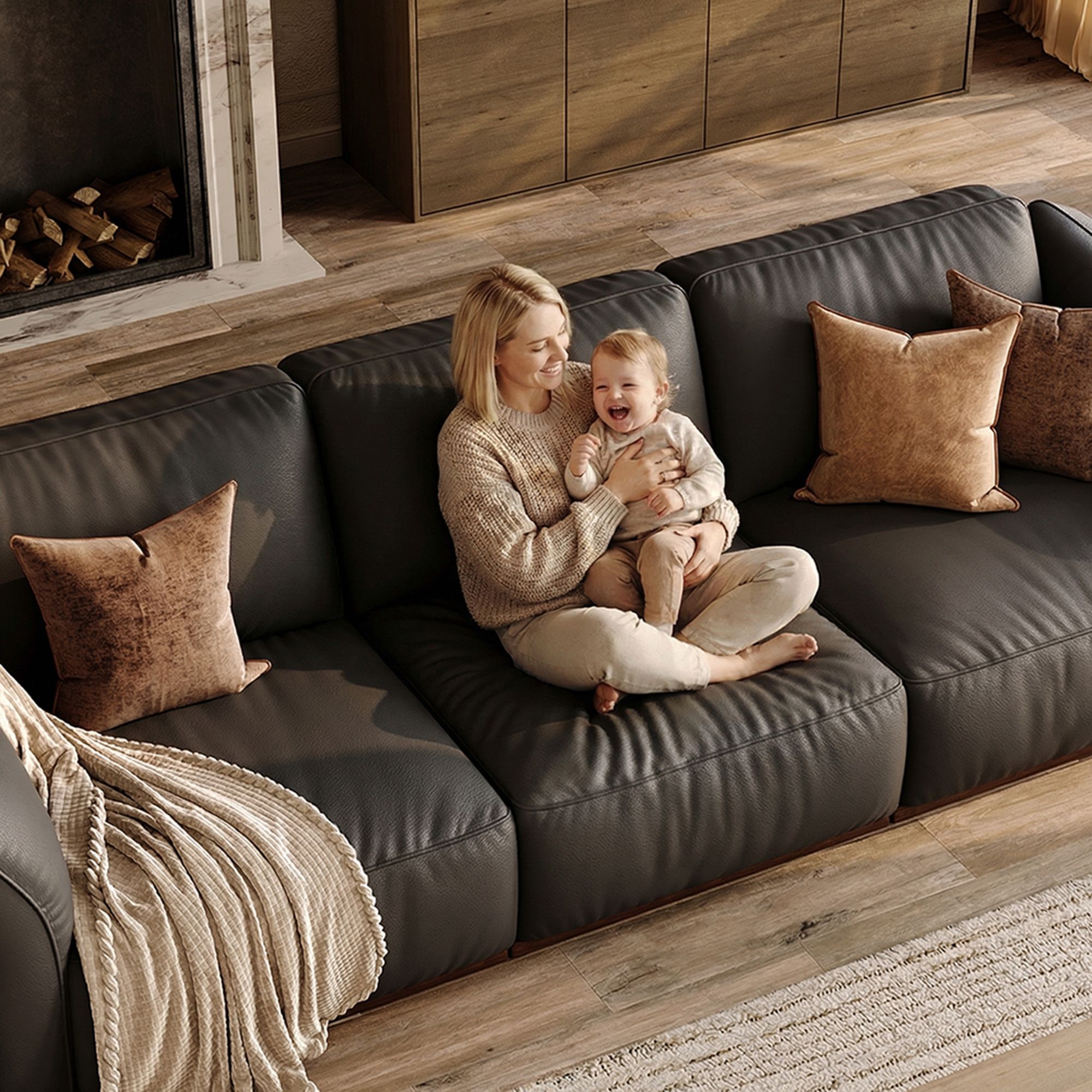 Home Theater Black Genuine Leather Modular Sofas