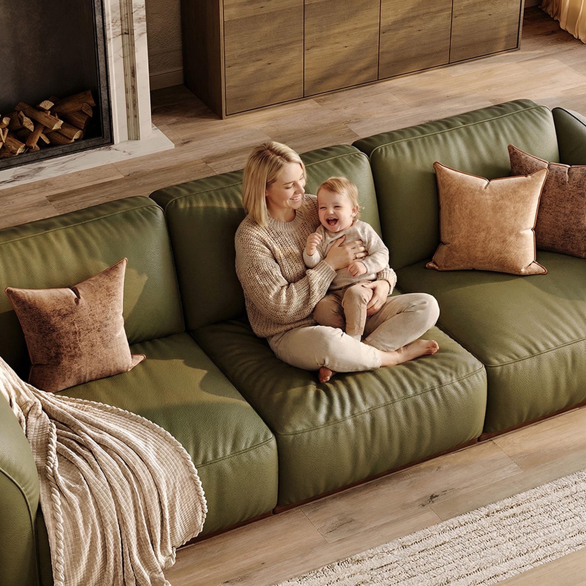 Living Room Green Genuine Leather Modular Sofas