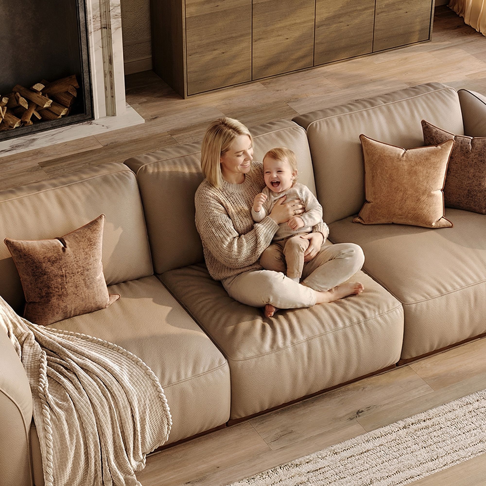 Partial Assembly Required Khaki Genuine Leather Modular Sofas