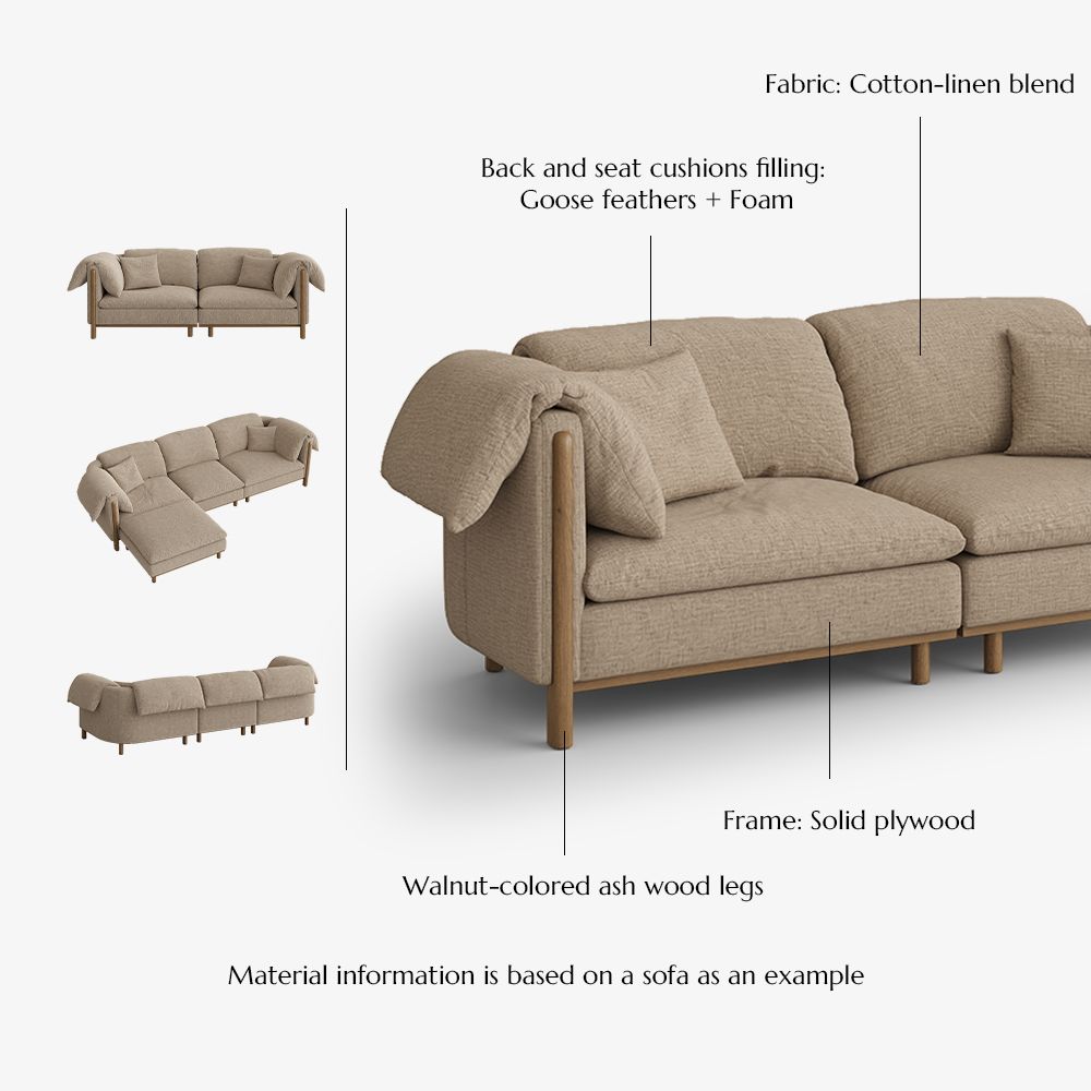 Living Room Khaki Cotton and Linen Modular Sofas