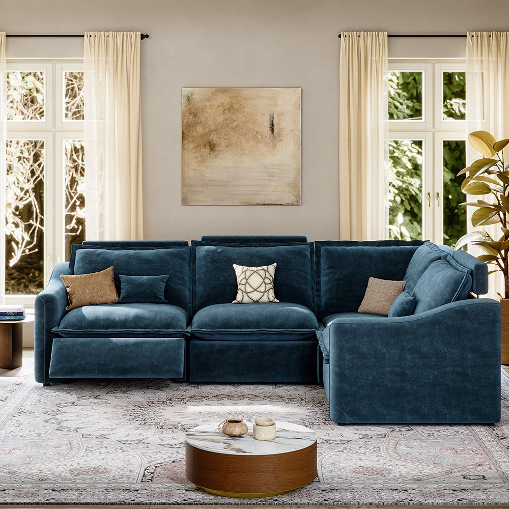 Khaki Navy Blue Pet-Friendly Fabric Modular Sofas