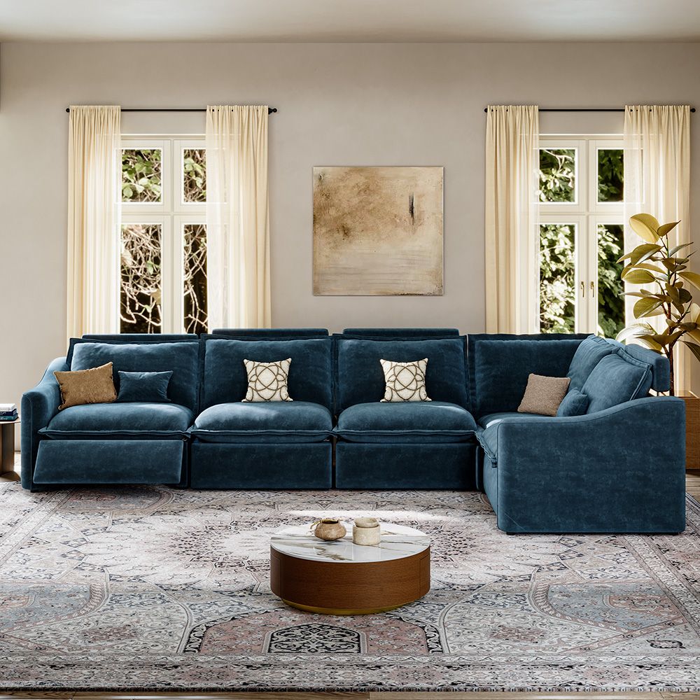 Curved Navy Blue Pet-Friendly Fabric Modular Sofas