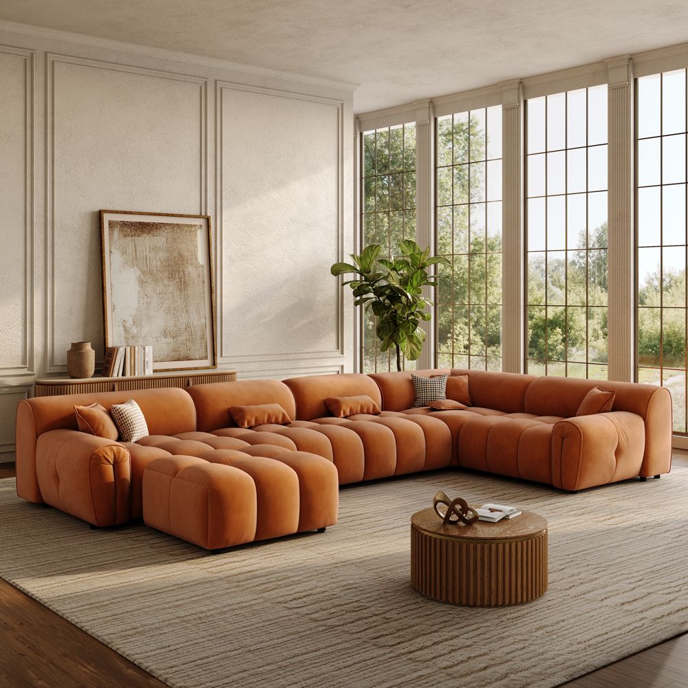 Orange Velvet Fabric Modular Sofas