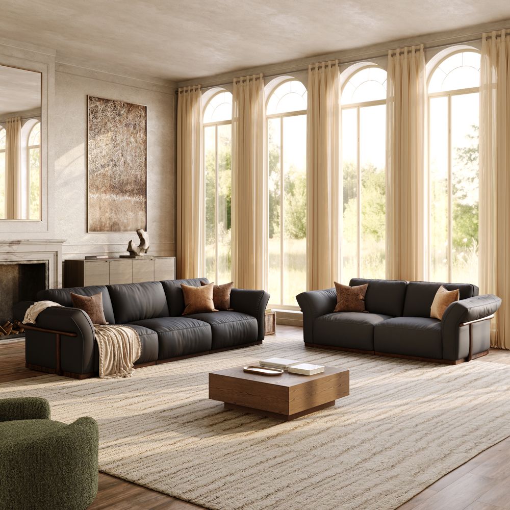 Black Top Grain Leather Modular Sofas