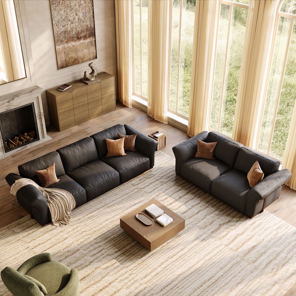 Black Top Grain Leather Modular Sofas