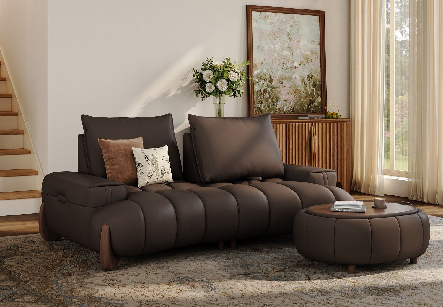 Mid Century Leather Armchair with Adjustable Cushions and