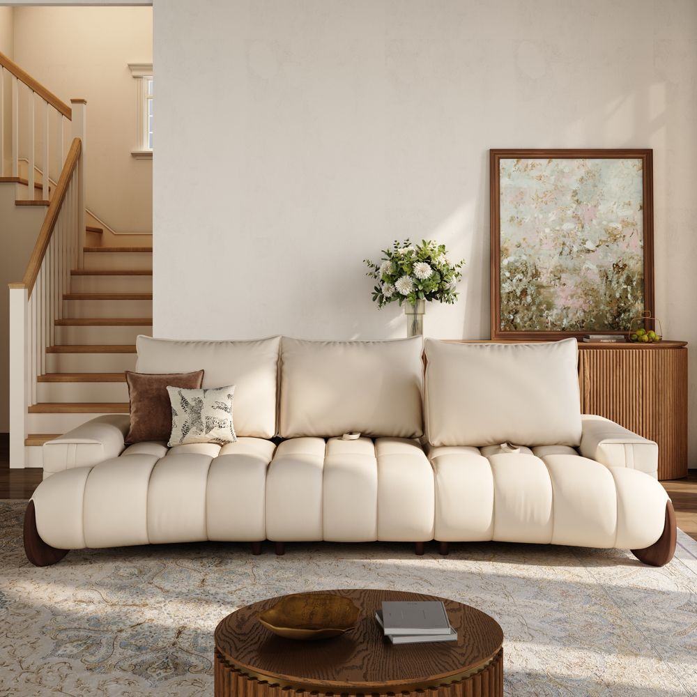 Living Room Beige Leather Modular Sofas