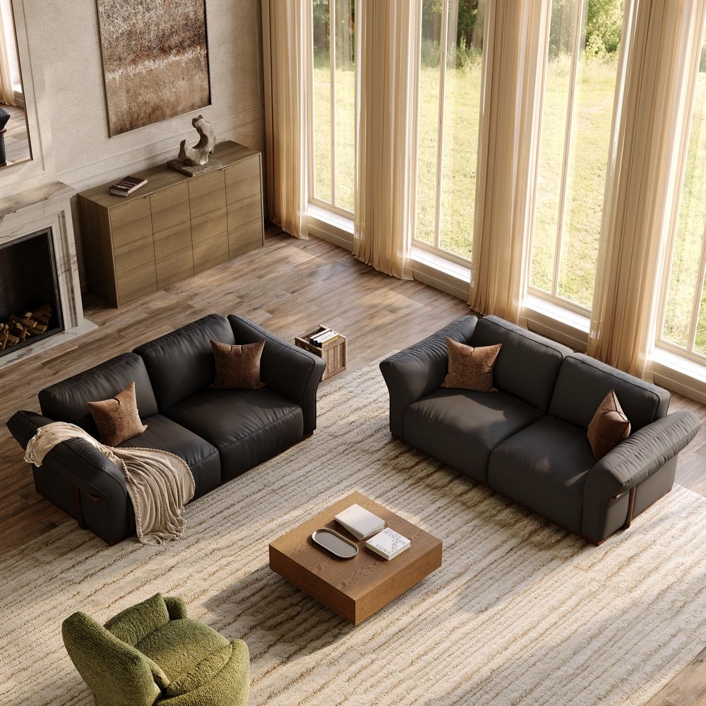 Partial Assembly Required Black Top Grain Leather Modular Sofas