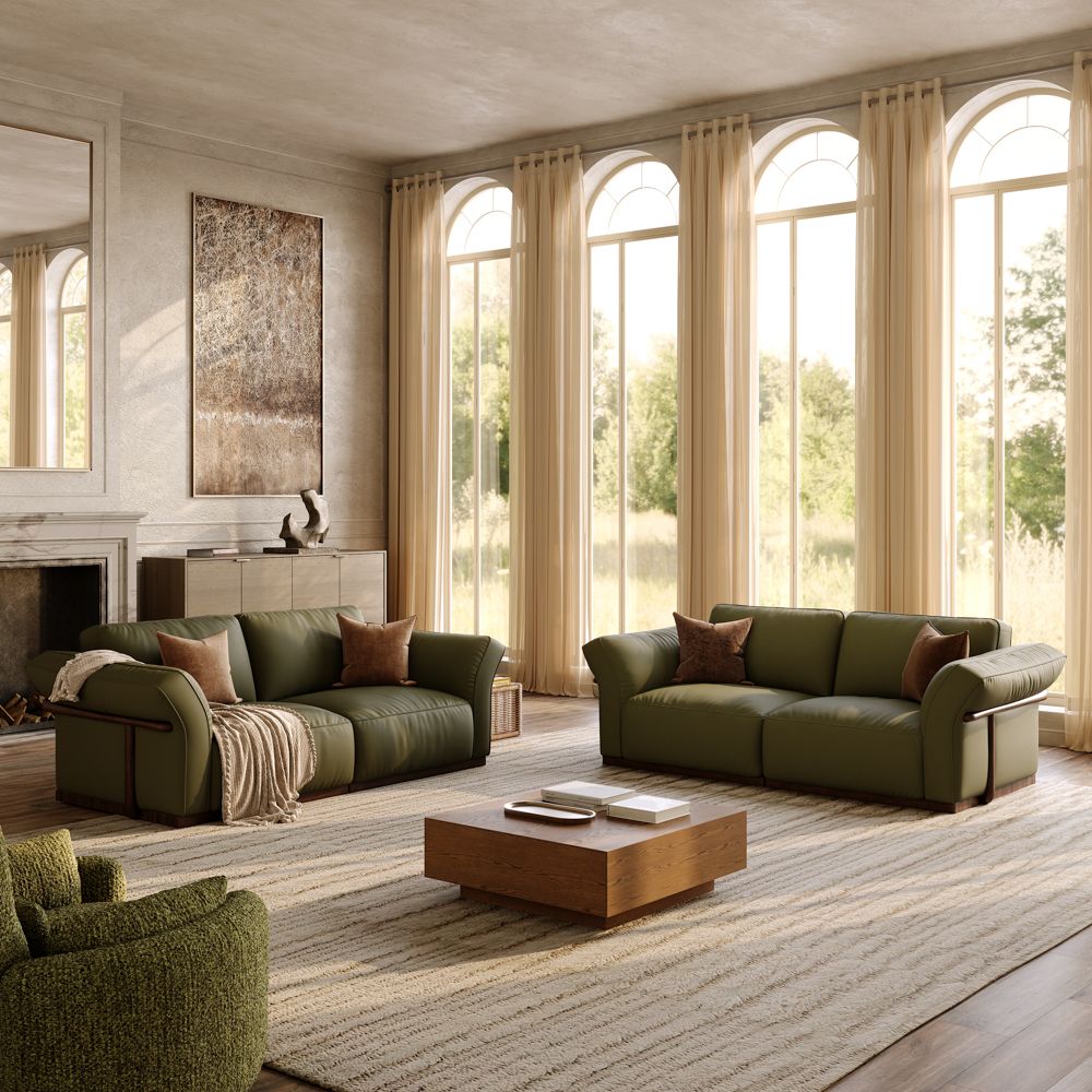 Partial Assembly Required Green Top Grain Leather Modular Sofas