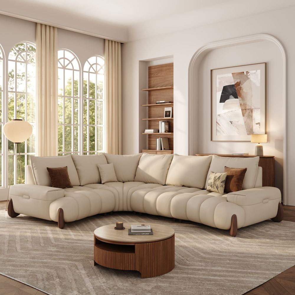 Apartment Beige Leather Modular Sofas