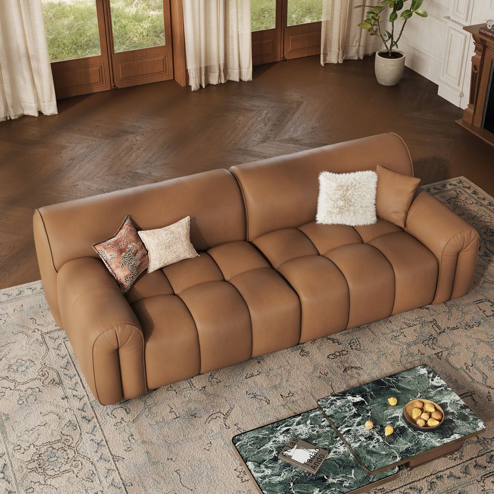 Spill-Resistant Caramel Genuine Leather Modular Sofas
