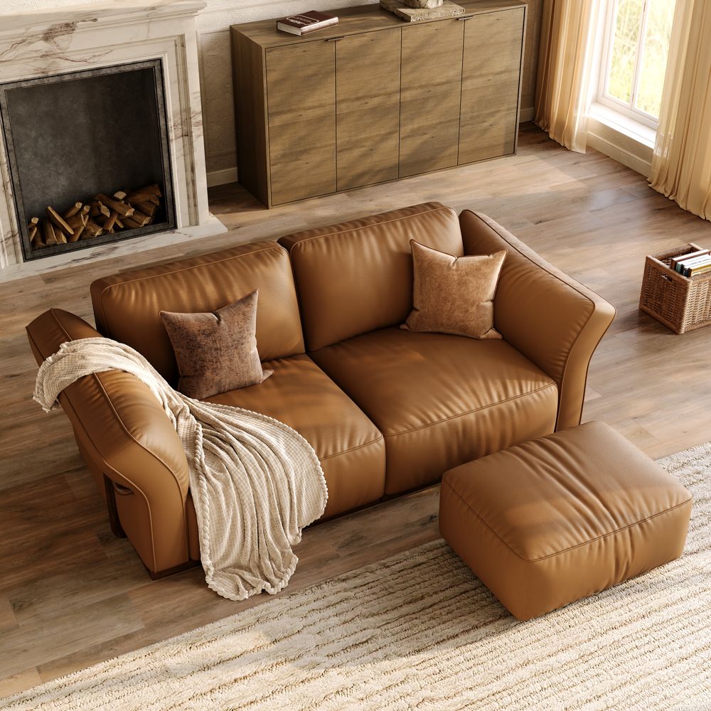 Curved Armrest Brown Genuine Leather Modular Sofas