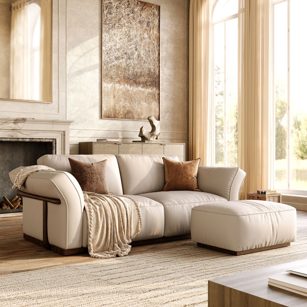 Solid Wood Beige Genuine Leather Modular Sofas