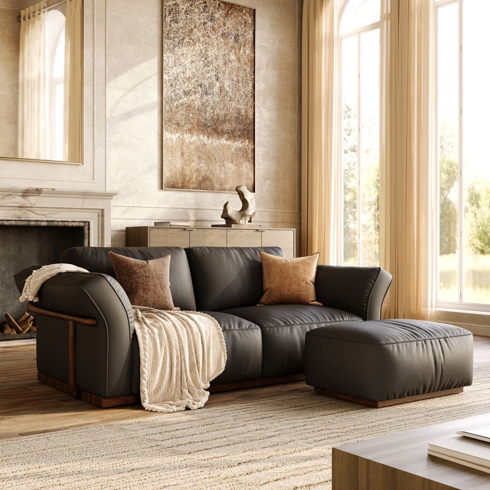 Mid-Century Modern Black Genuine Leather Modular Sofas