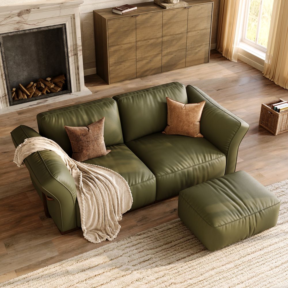 Curved Armrest Green Genuine Leather Modular Sofas