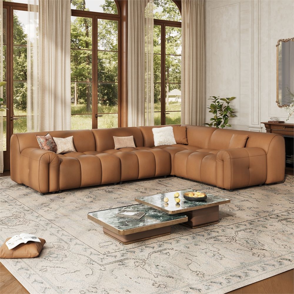 Comfortable Caramel Genuine Leather Modular Sofas