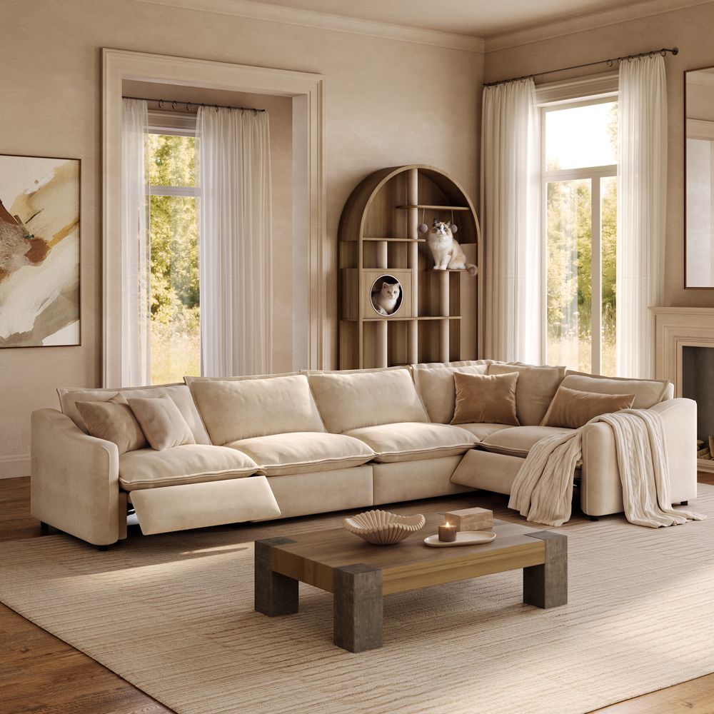 Deep Seat Beige Pet-Friendly Fabric Modular Sofas