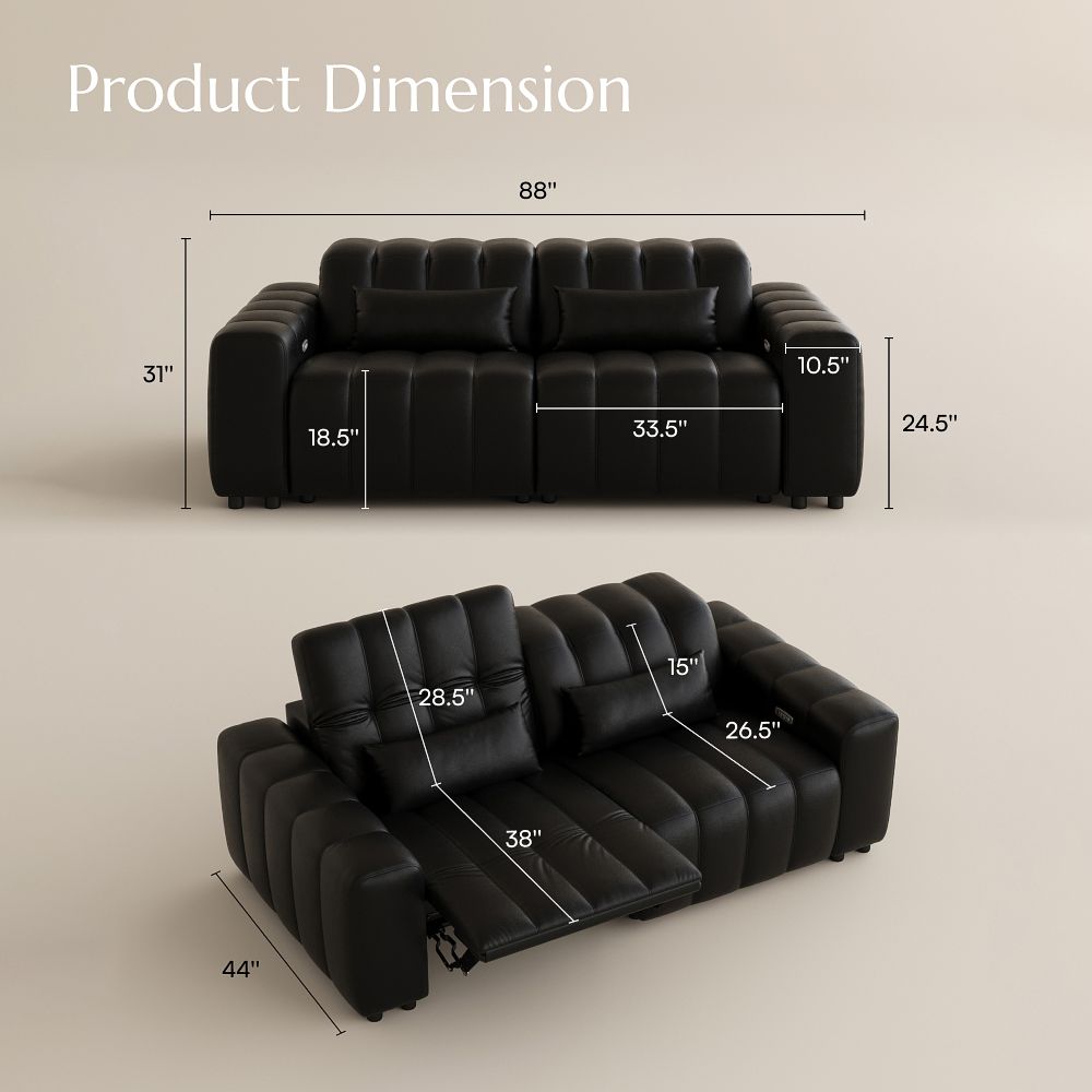 Straight Armrest Black Full-Grain Leather Power Reclining Sofas