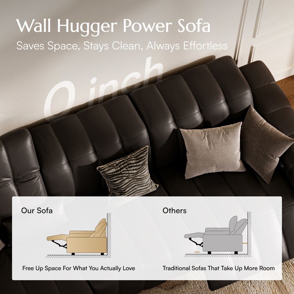 Straight Armrest Black Full-Grain Leather Power Reclining Sofas