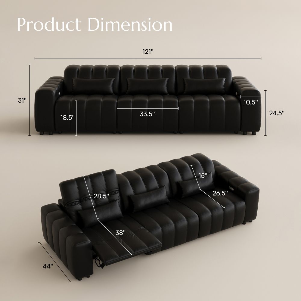 Living Room Black Full-Grain Leather Power Reclining Sofas