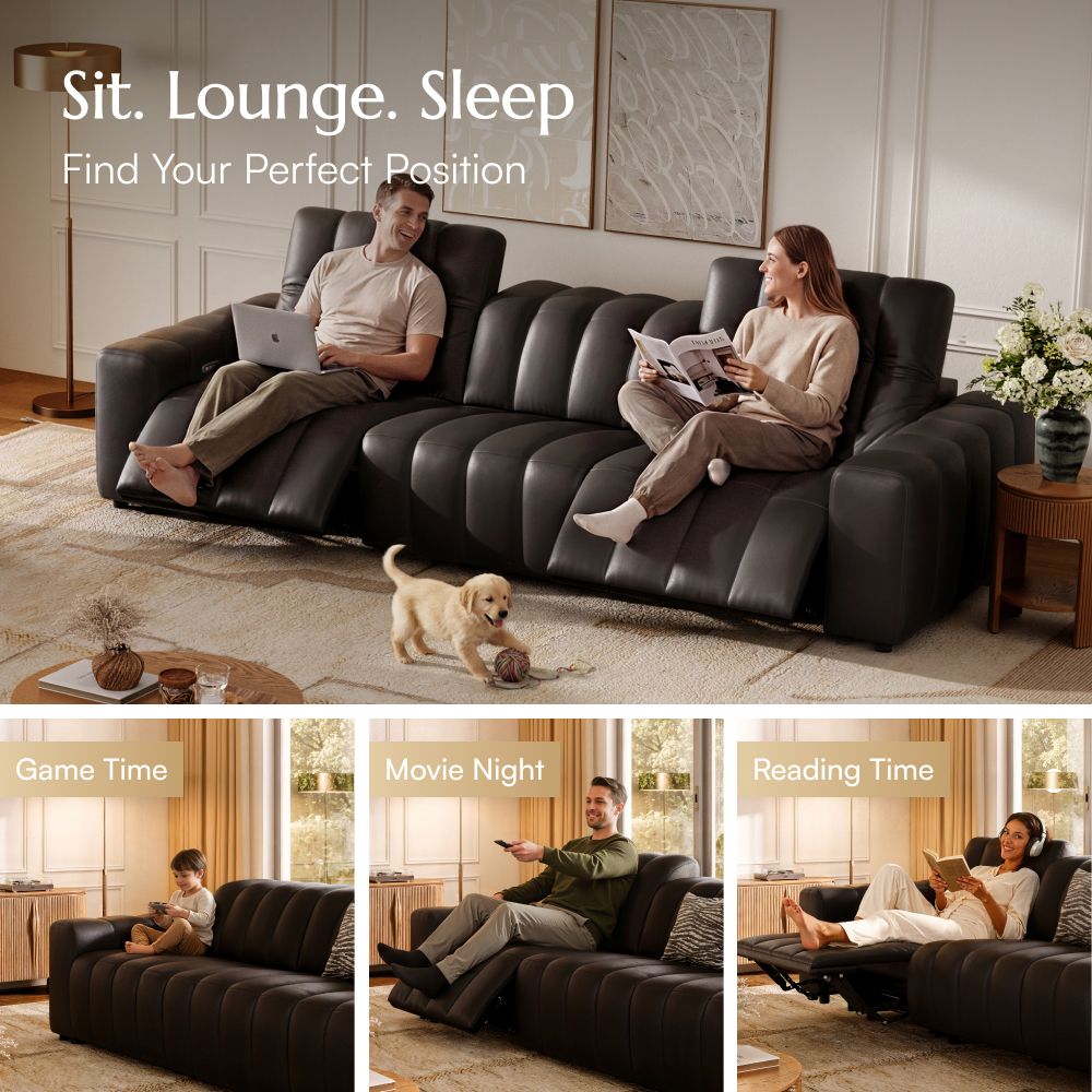 Dual Power Reclining Sofa Black Full-Grain Leather Power Reclining Sofas