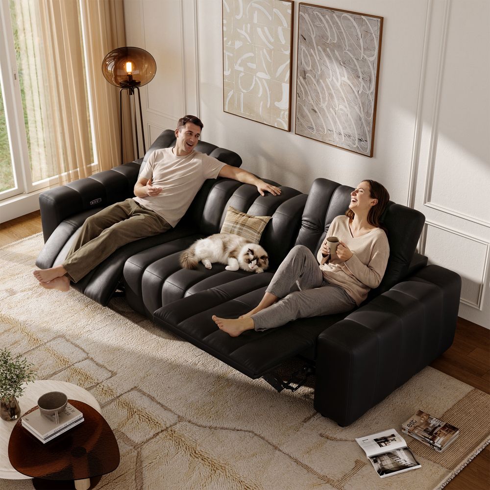 Comfortable Black Full-Grain Leather Power Reclining Sofas
