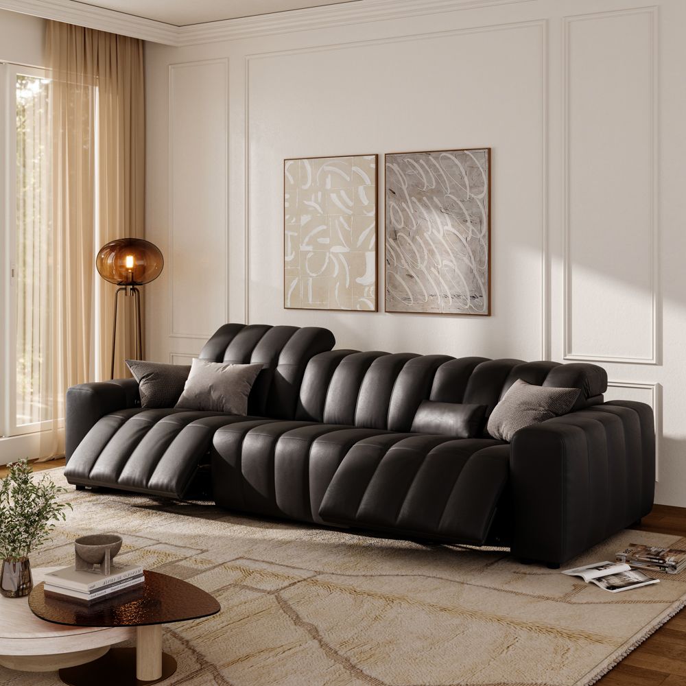 Mid Century Modern Black Full-Grain Leather Power Reclining Sofas