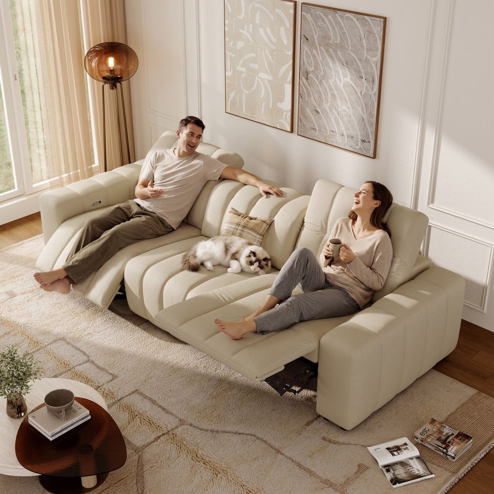 Comfortable Beige Full-Grain Leather Power Reclining Sofas