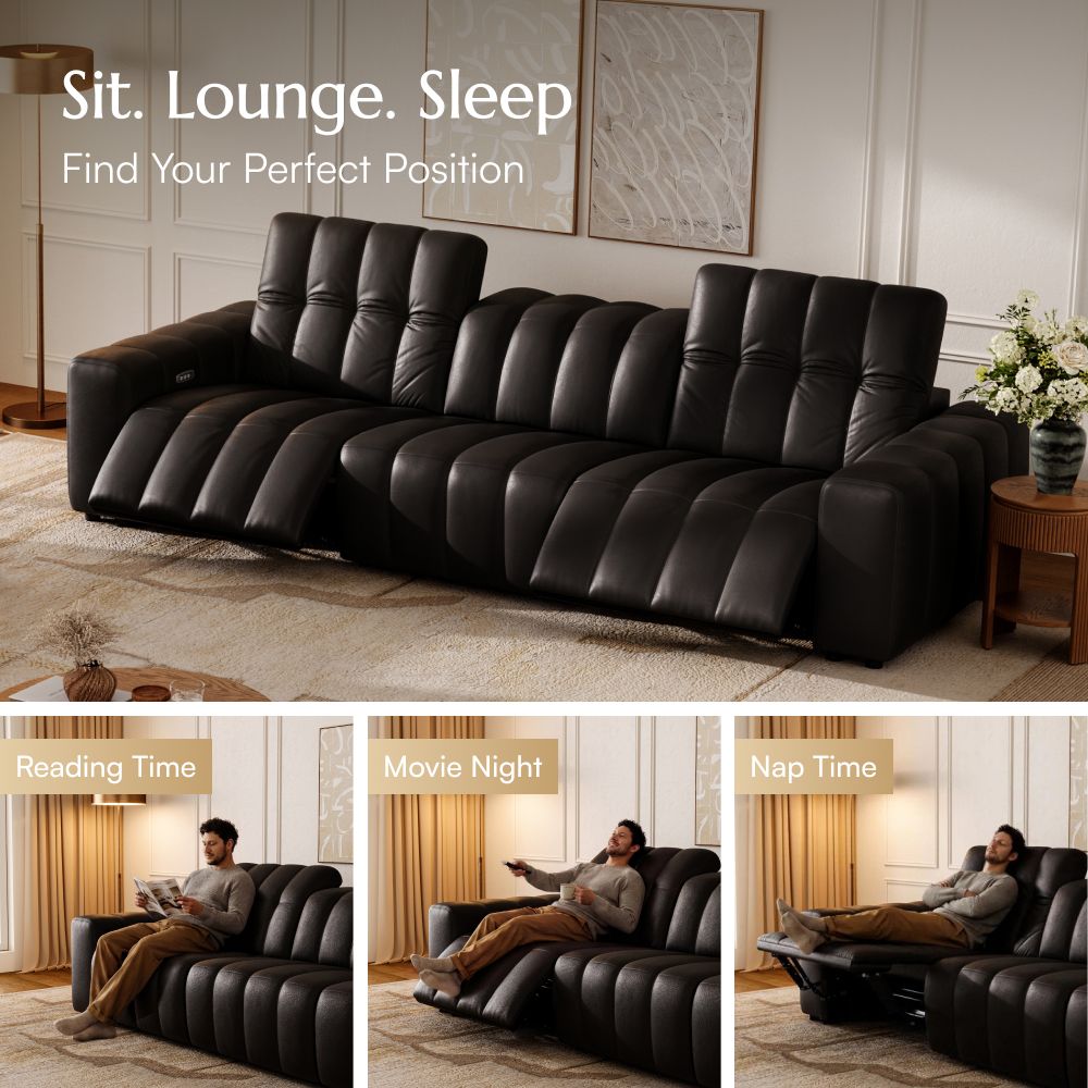 Living Room Black Full-Grain Leather Power Reclining Sofas