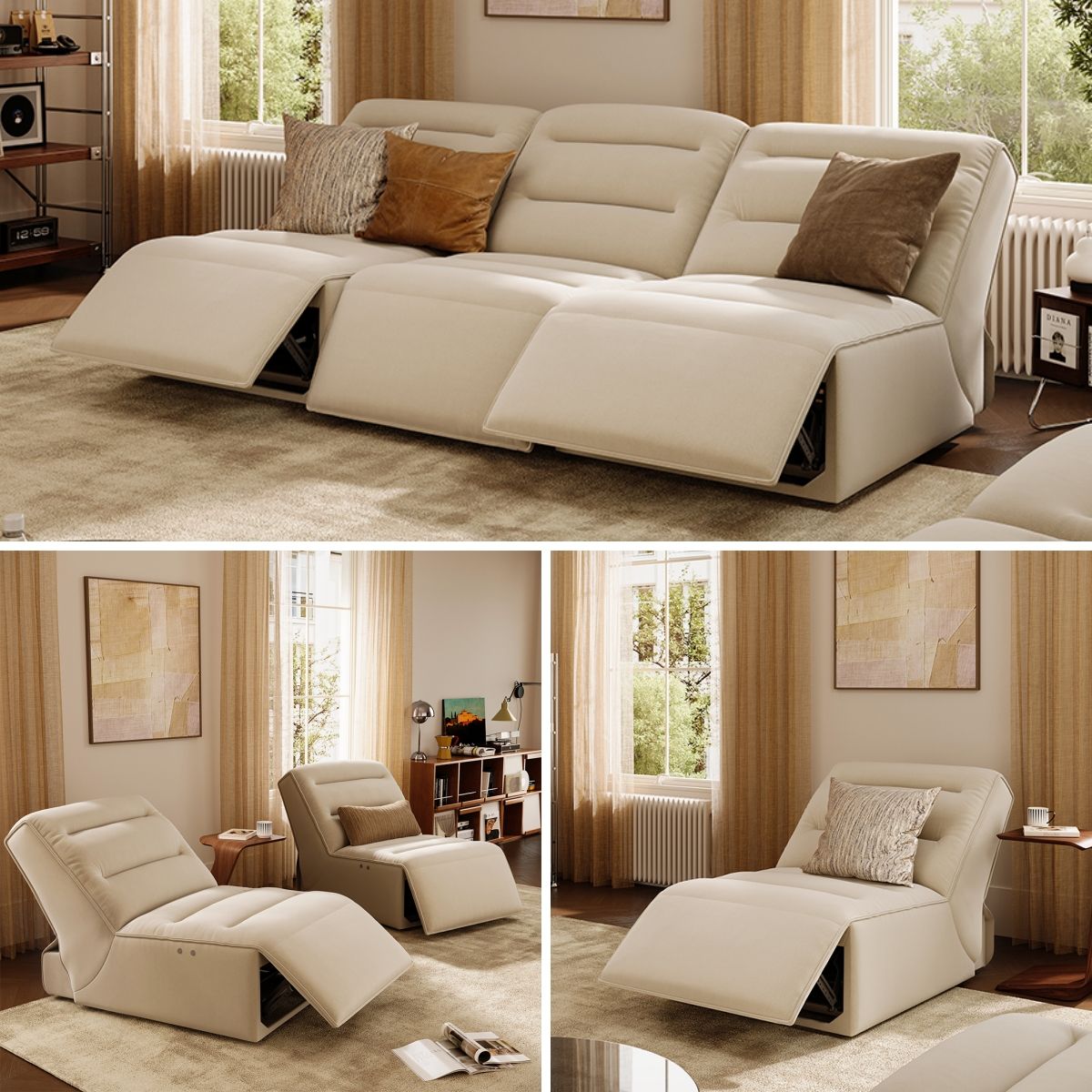 Living Room Khaki Pet-Friendly Fabric Power Reclining Sofas