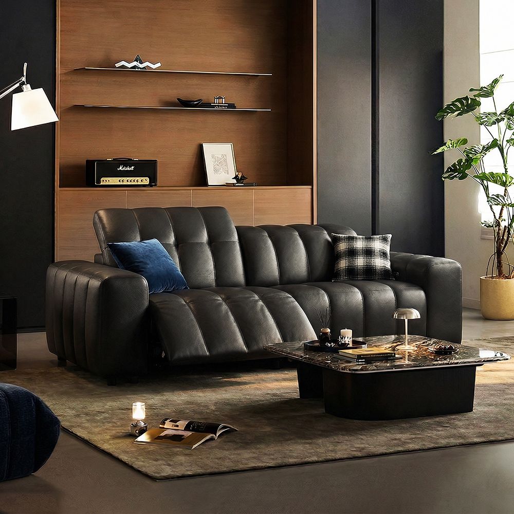 Black Black Full-Grain Leather Power Reclining Sofas