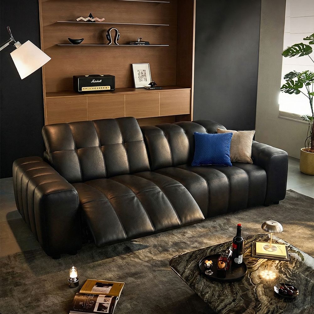 3-4 Seater Black Full-Grain Leather Power Reclining Sofas