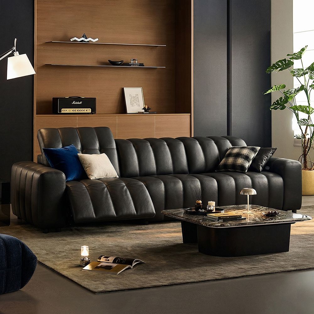 Office Black Full-Grain Leather Power Reclining Sofas