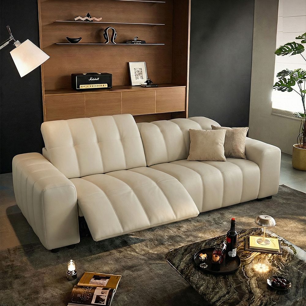 Mid Century Modern Beige Full-Grain Leather Power Reclining Sofas