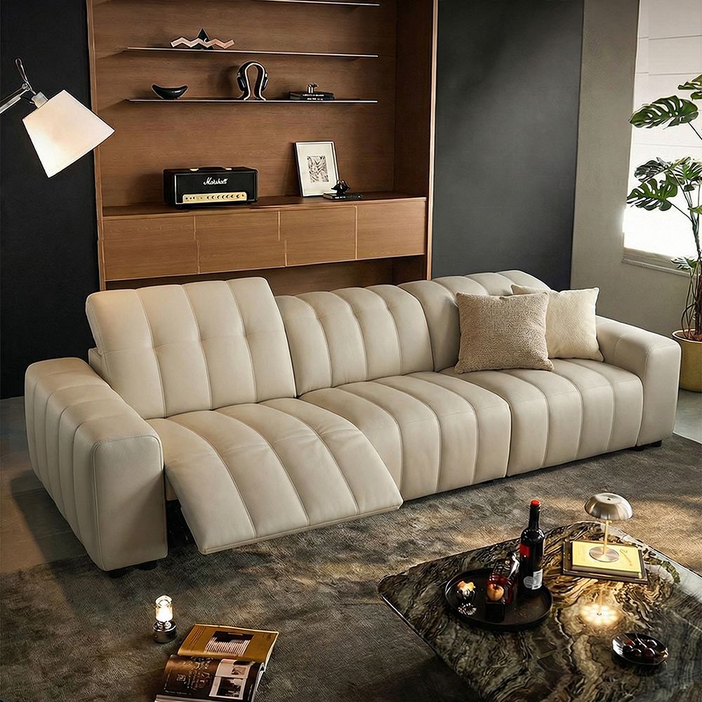 3-4 Seater Beige Full-Grain Leather Power Reclining Sofas