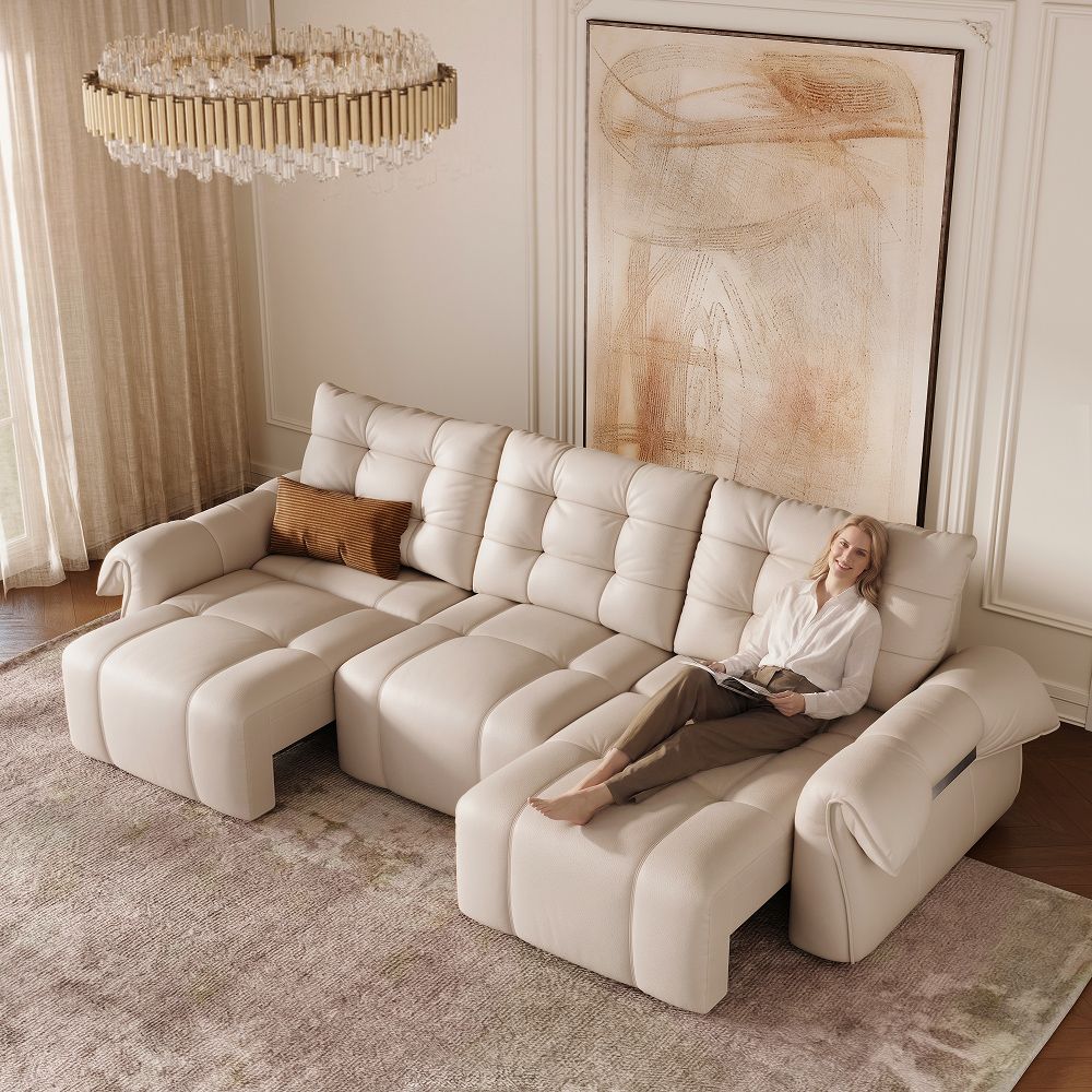 Beige Top Grain Leather Power Reclining Sofas