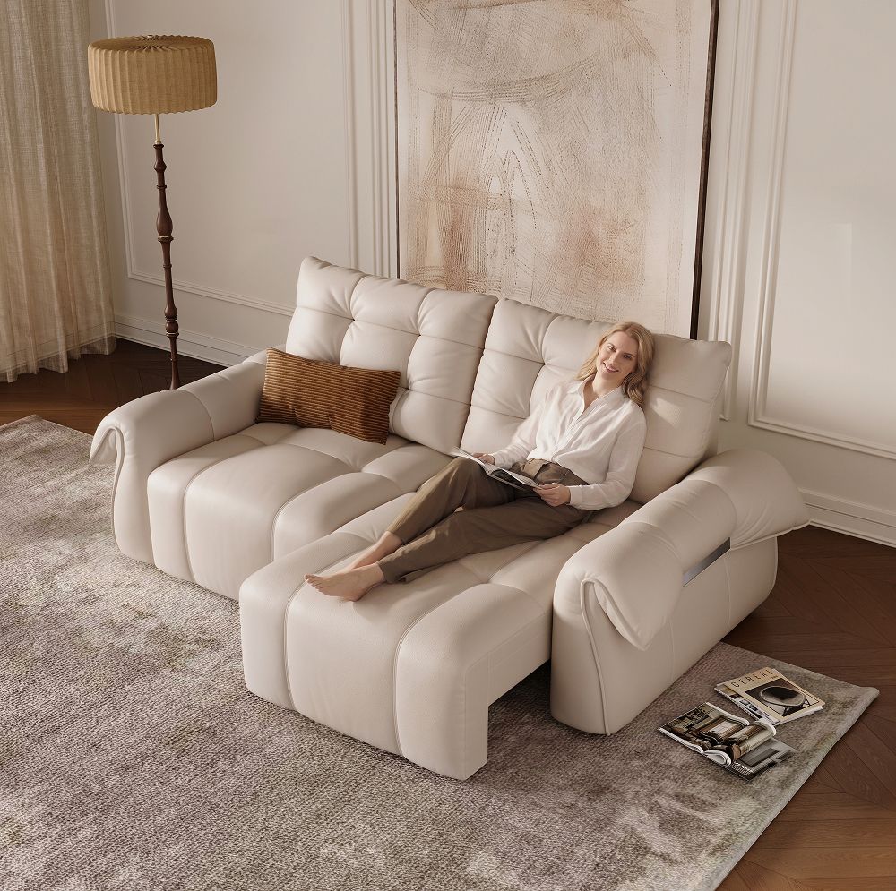 Oversized Beige Top Grain Leather Power Reclining Sofas