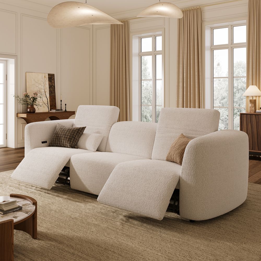 Luxury Beige Italian Bouclé Teddy Power Reclining Sofas