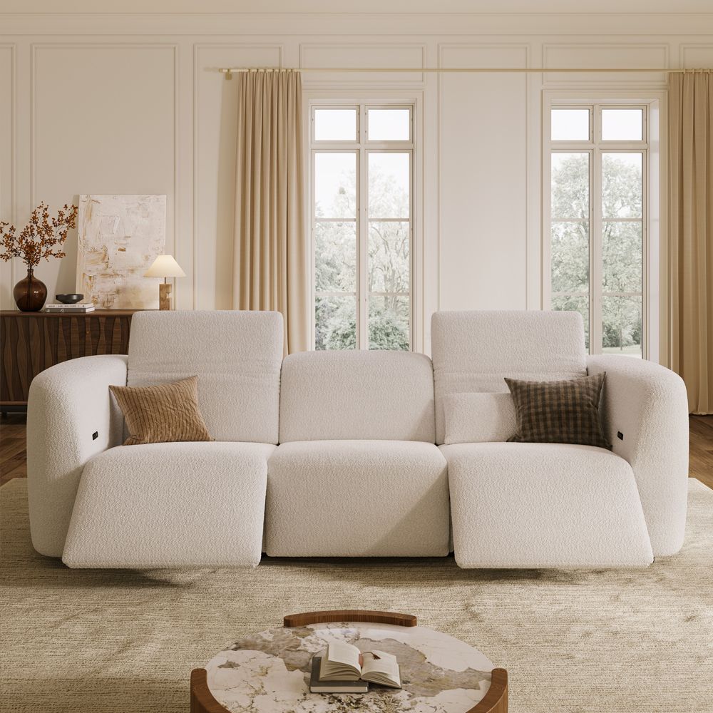 Chenille Beige Italian Bouclé Teddy Power Reclining Sofas
